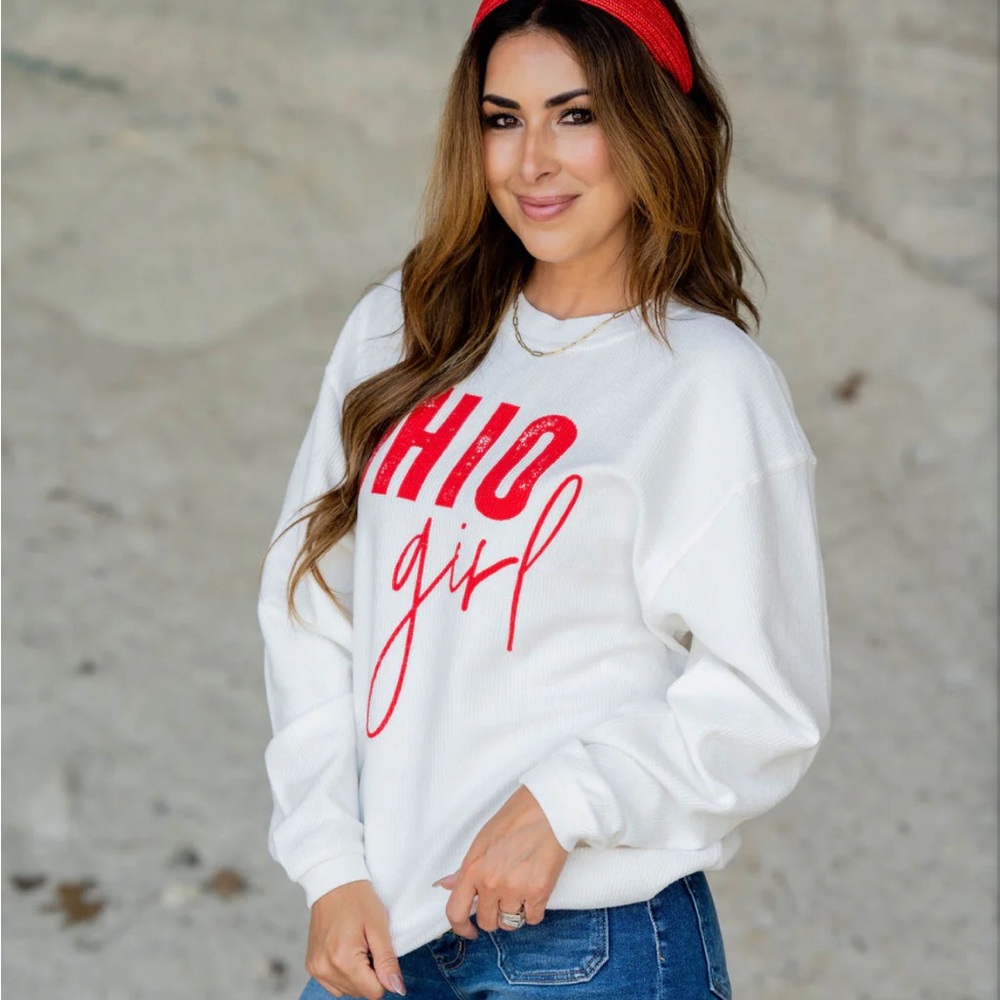 Red Ohio Girl White Ribbed Long Shirt, Runs Big, size Small
